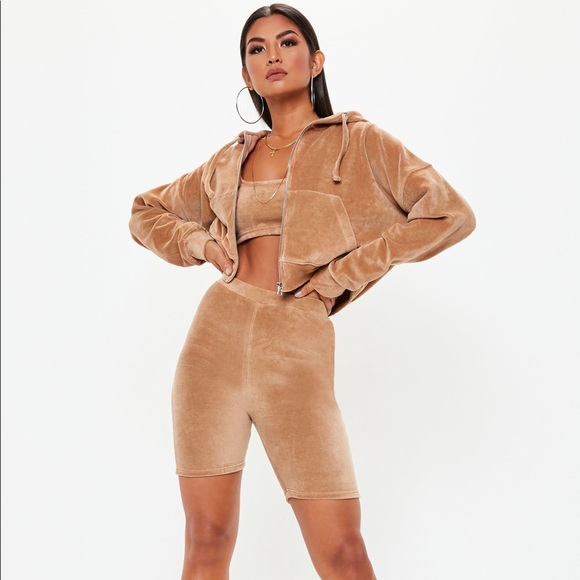 Missguided Jackets & Blazers - Camel Velour Biker Shorts/Jacket Set